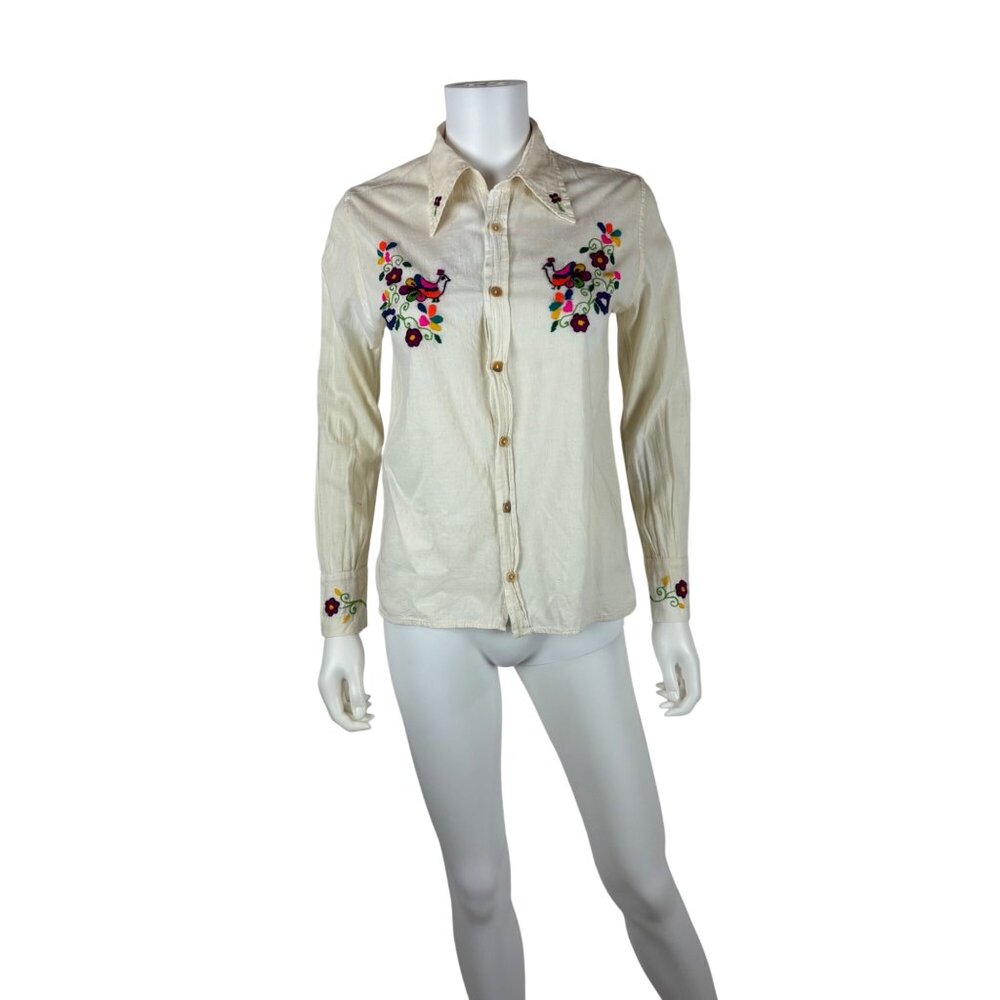 Vintage 70s Embroidered Shirt Womens Small Handmade Cotton Ecuador Southwestern
